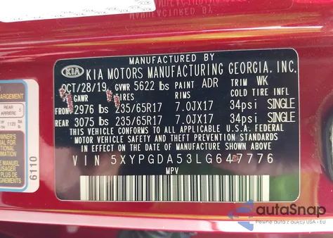 2020 Kia Sorento 3.3L Lx из США, поврежденный, VIN 5XYPGDA53LG647776